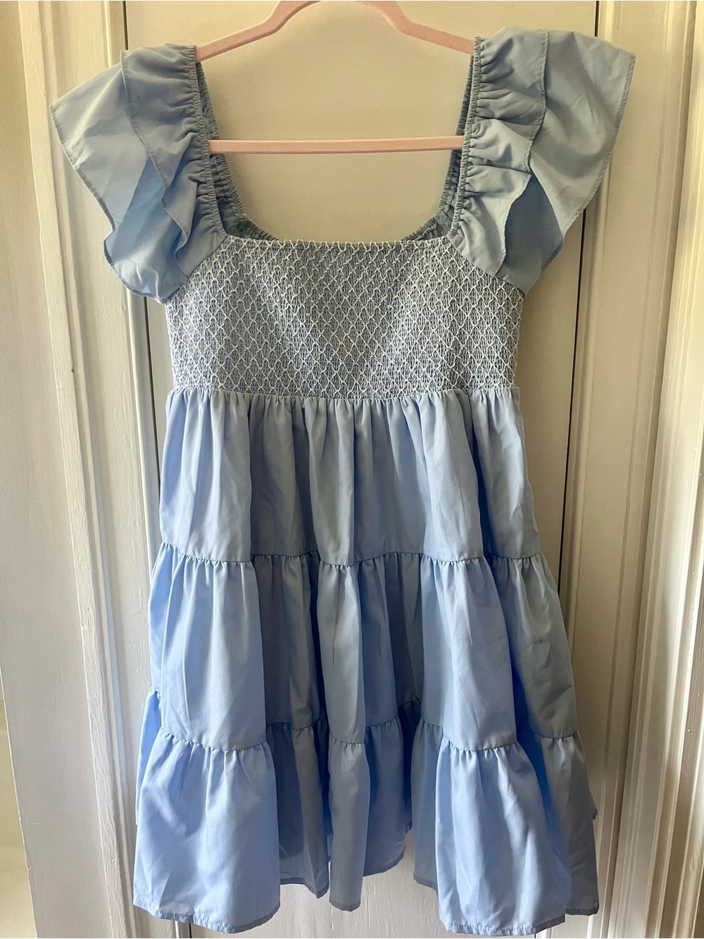 Smocked Light Blue Tiered Mini Dress with Ruffle Sleeves